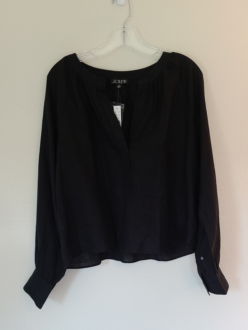 J. Crew Linen Black V-Neck Peasant Blouse